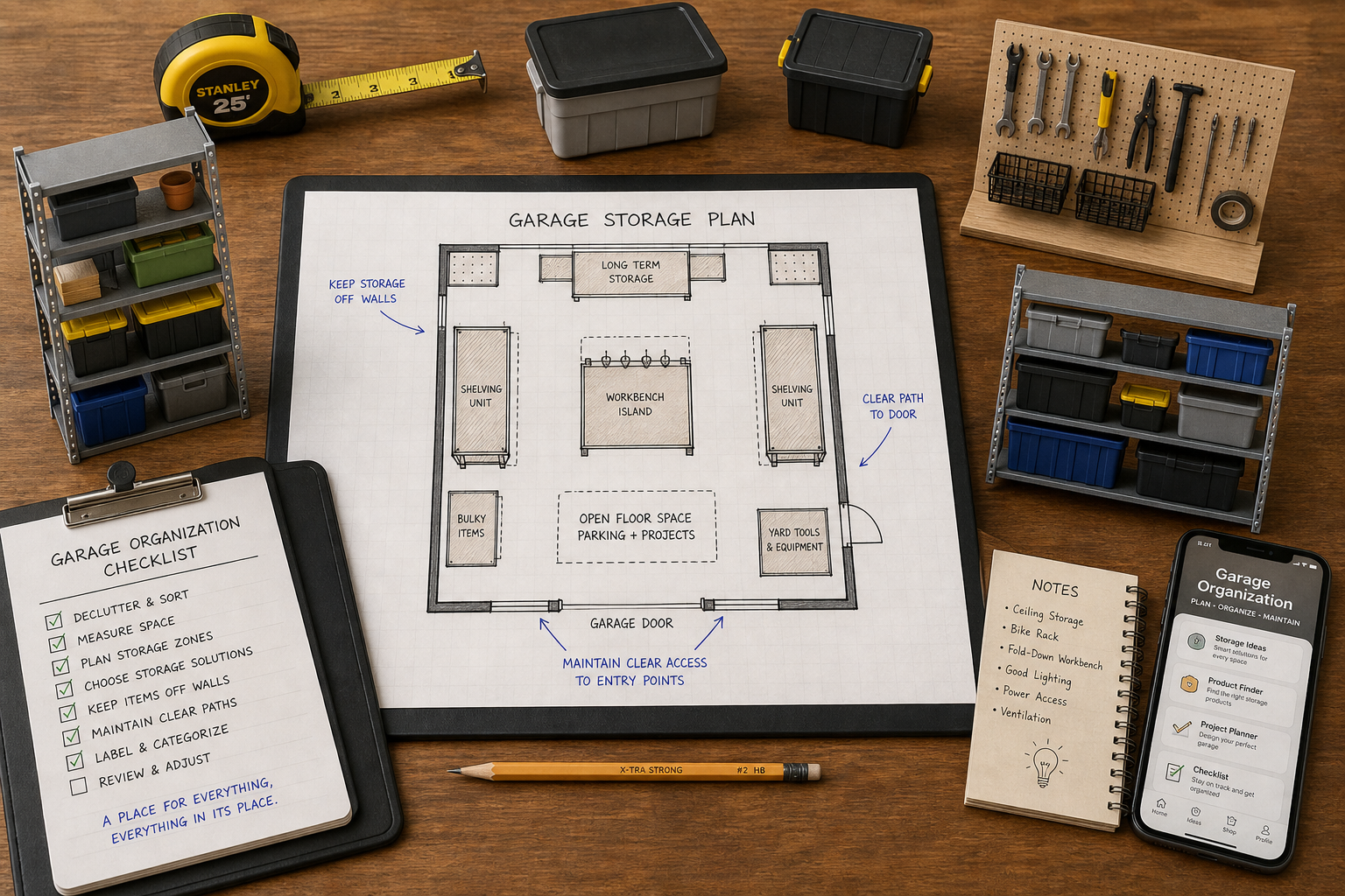 Garage storage planning layout with measuring tools, sketches, and miniature storage solution models on wooden desk