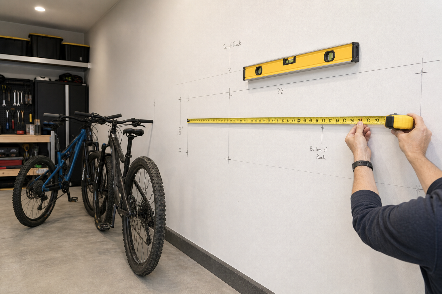 Person measuring garage wall space for bike rack installation planning
