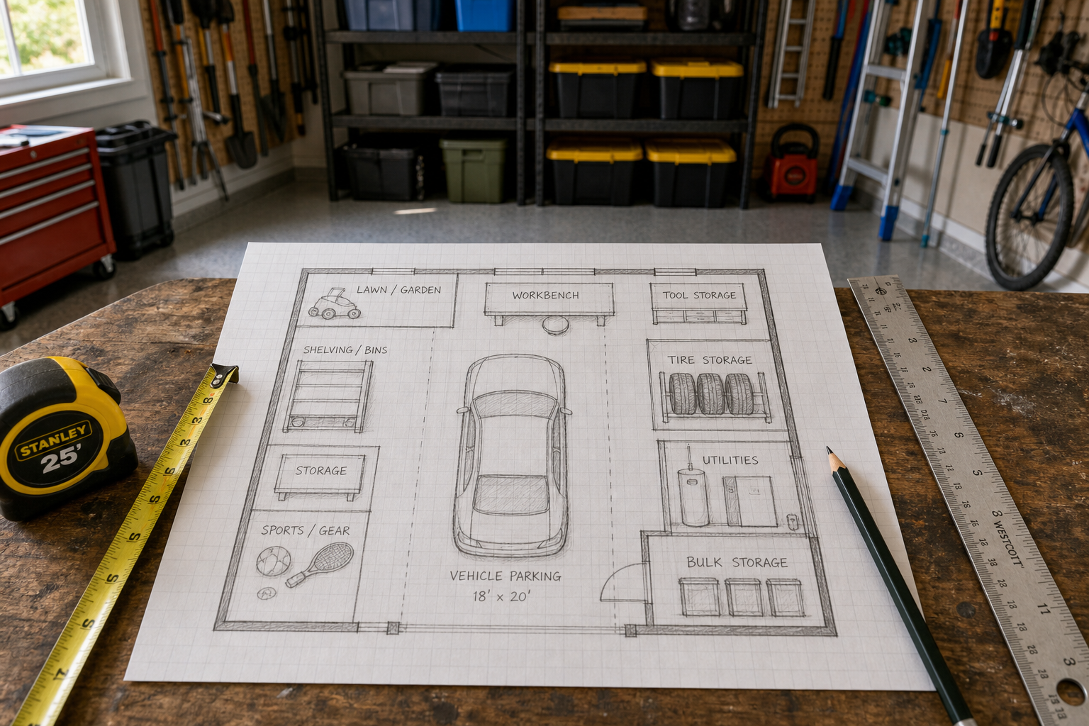 Garage organization floor plan sketch with measuring tools showing tire storage layout