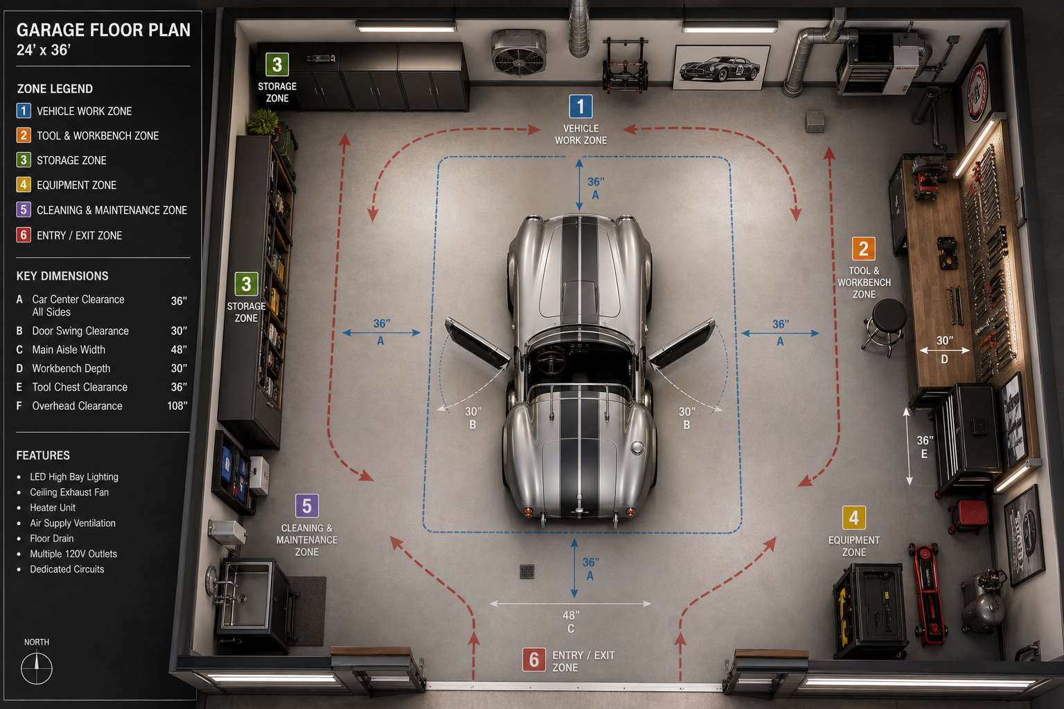 Garage floor plan layout showing classic car positioning and activity zones