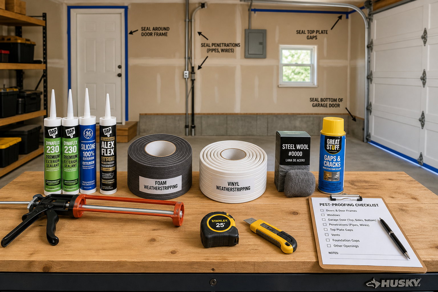 Organized display of pest-proofing tools and materials on a garage workbench