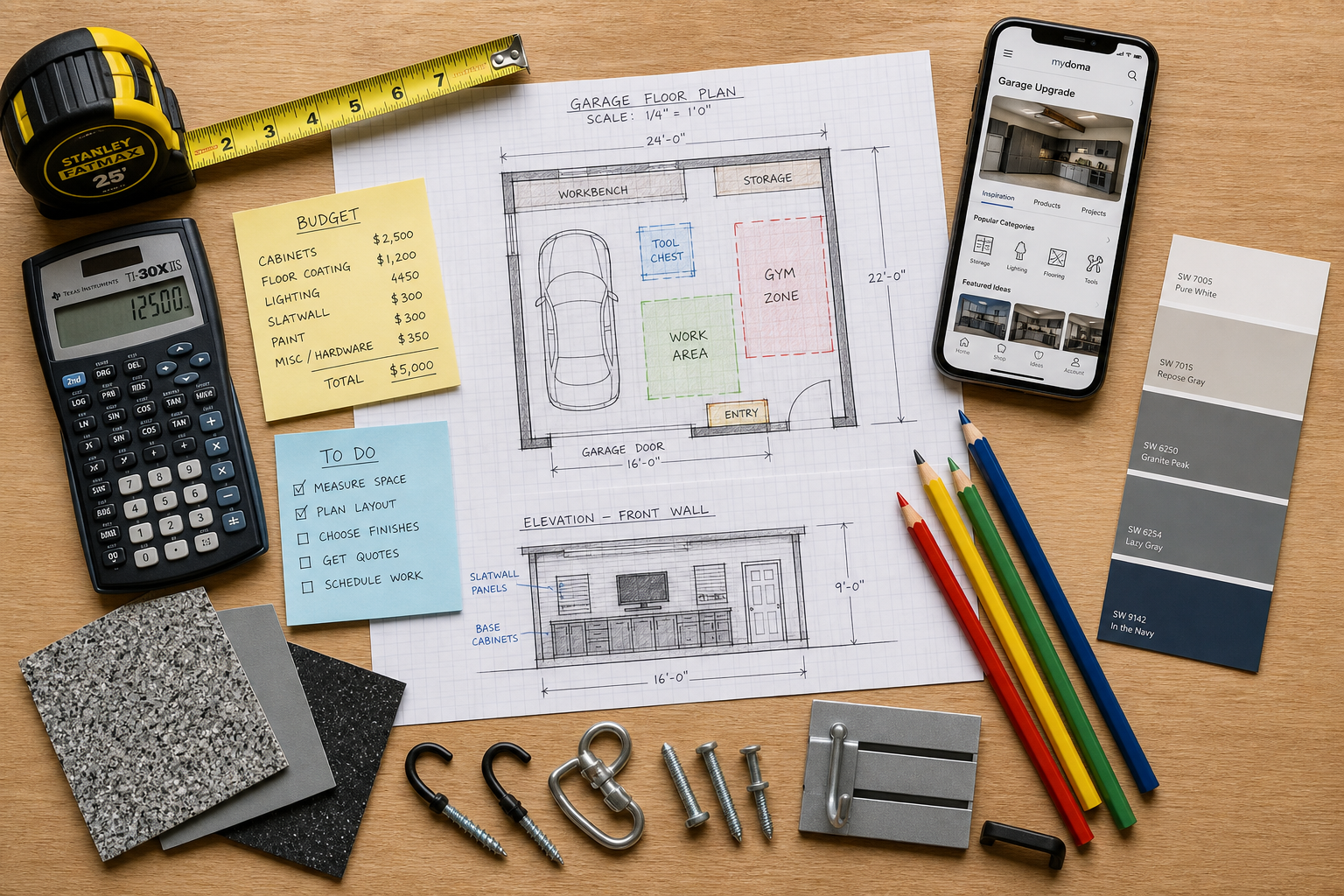 Garage renovation planning materials including floor plans, measuring tools, and budget calculations