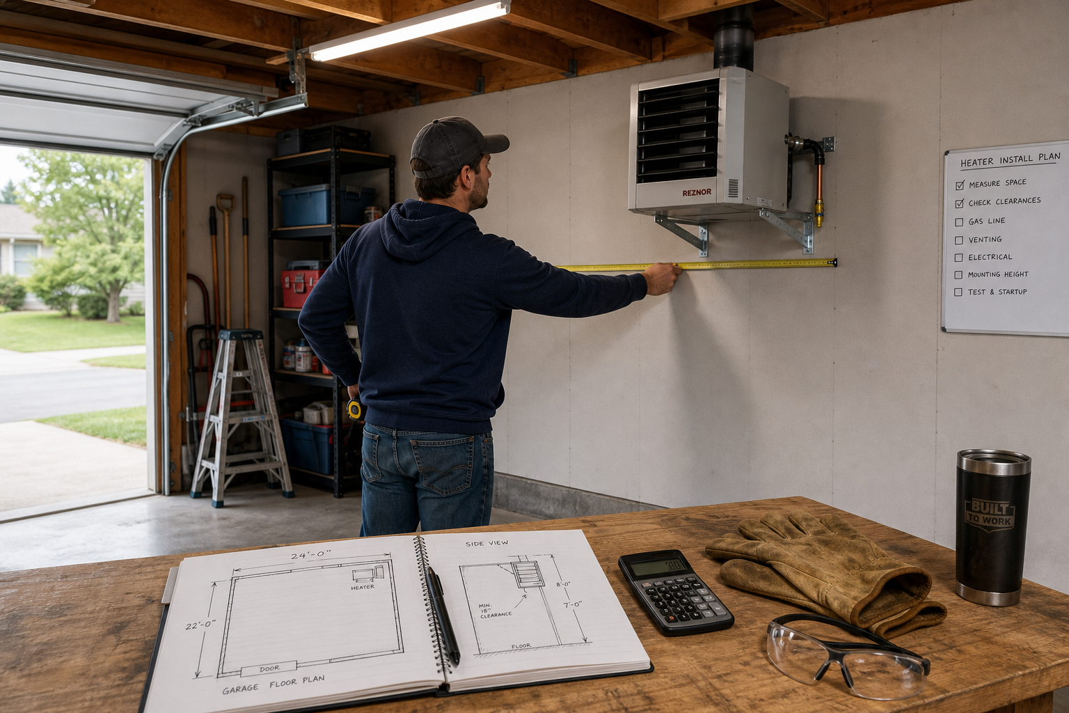 Person planning garage heater installation with measuring tools and safety equipment