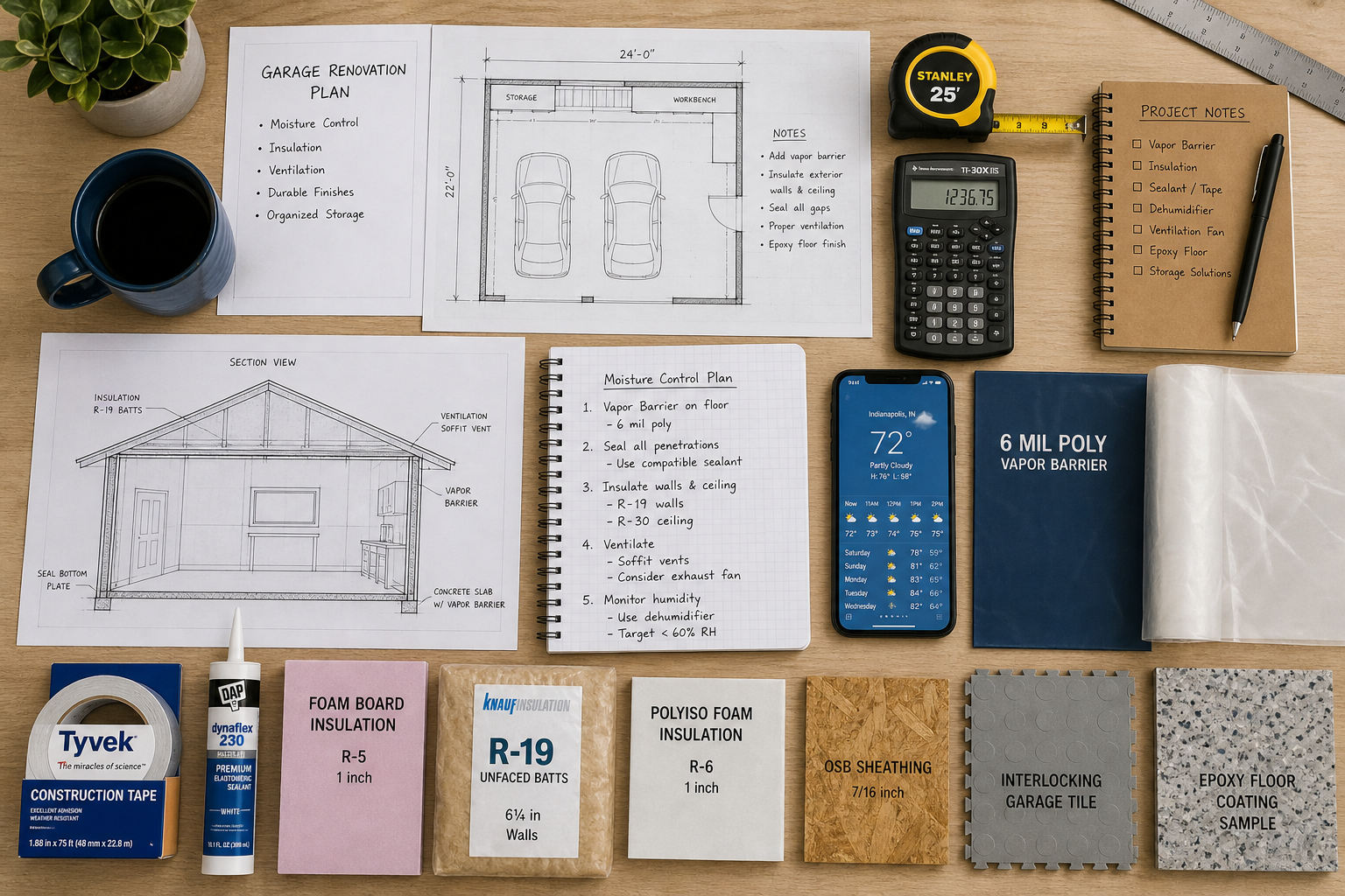 Organized workspace with planning materials and tools for garage condensation project