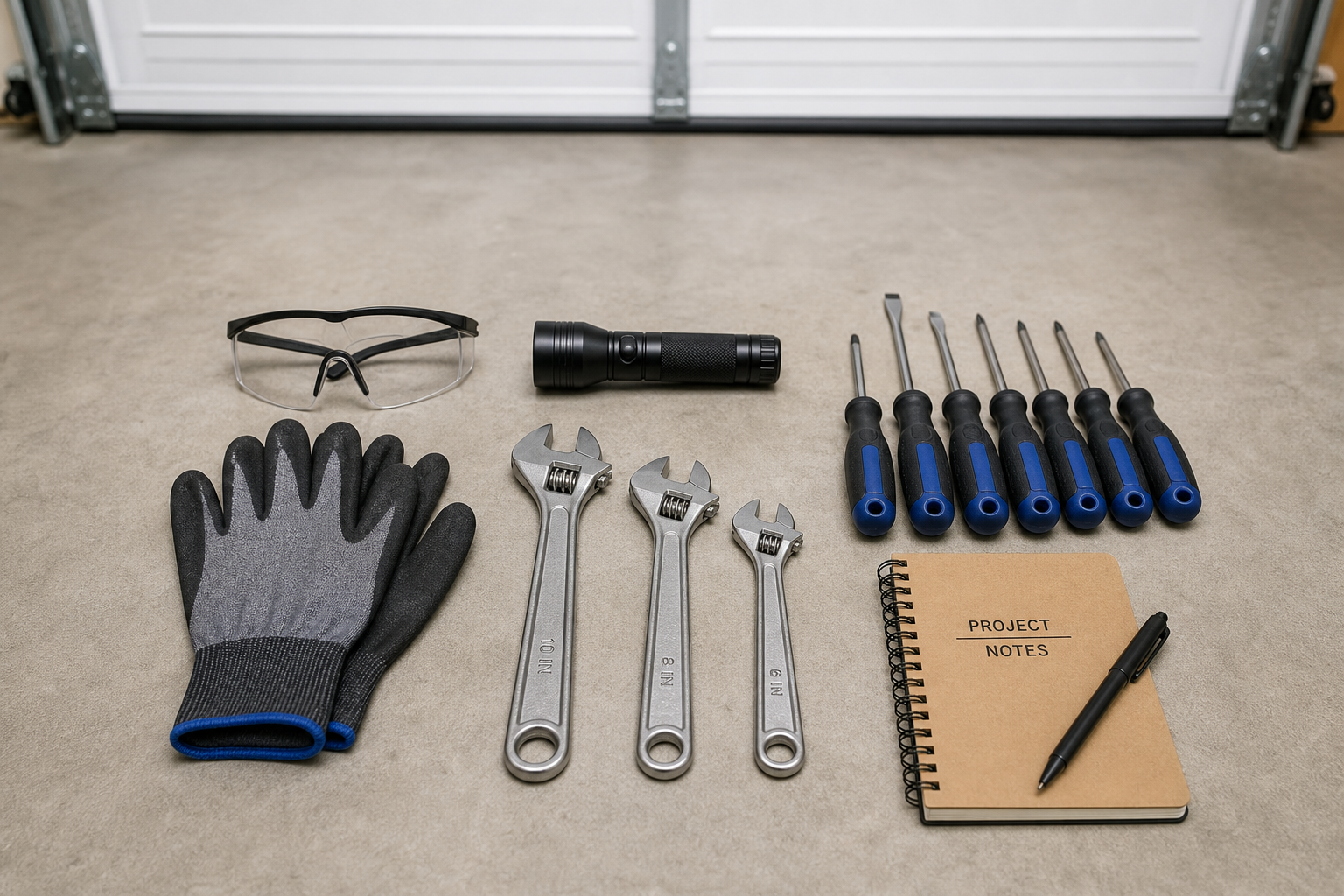 Safety equipment and tools organized on garage floor for door repair planning