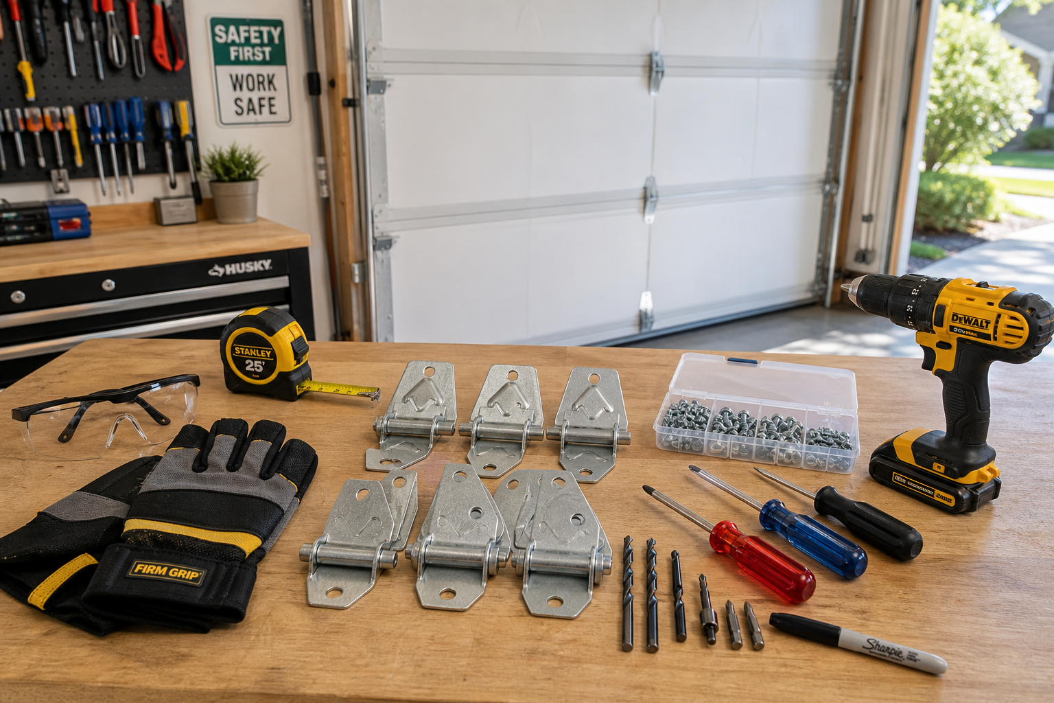 Organized tools and replacement parts for garage door hinge repair project