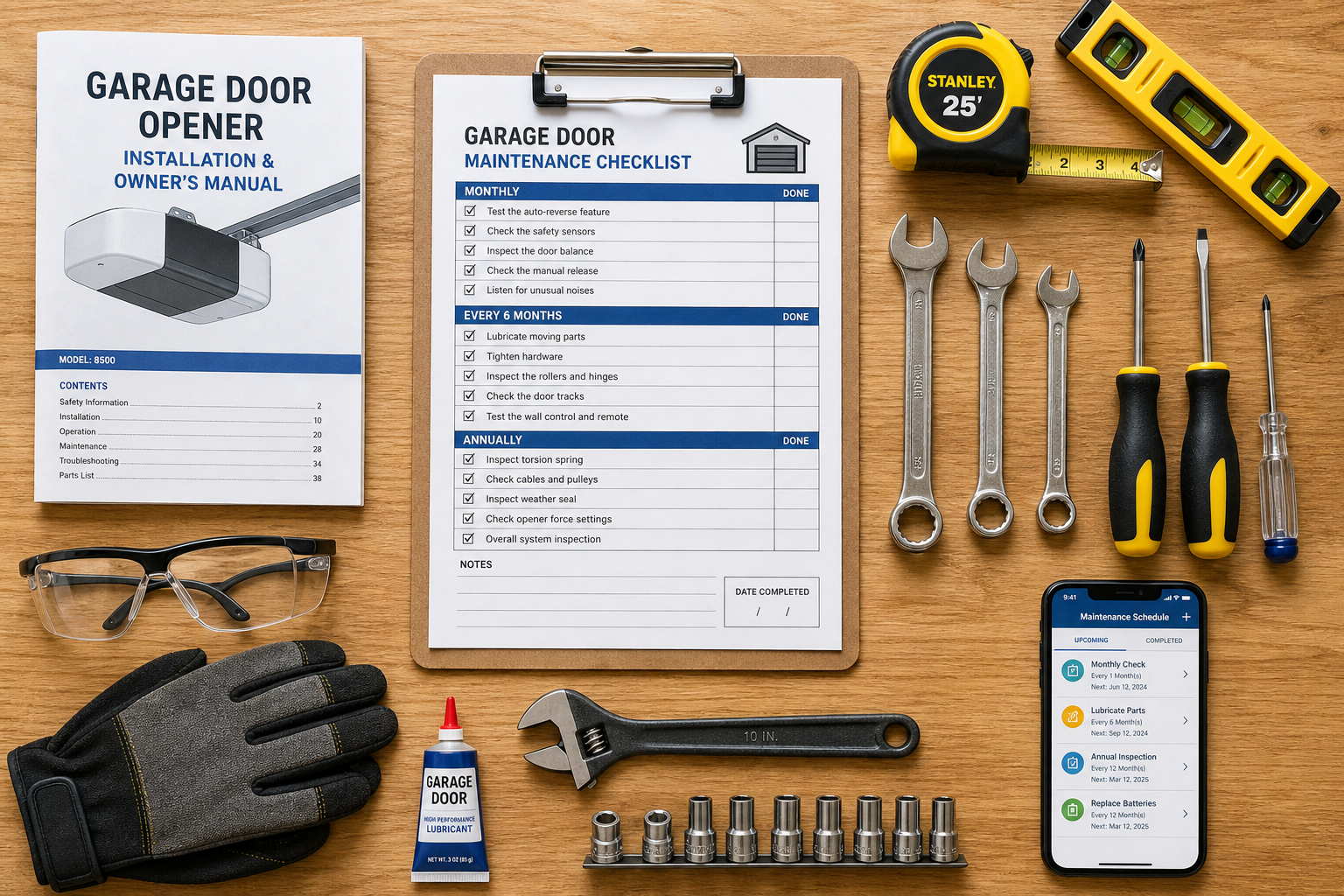 Organized maintenance tools and planning materials for garage door repair