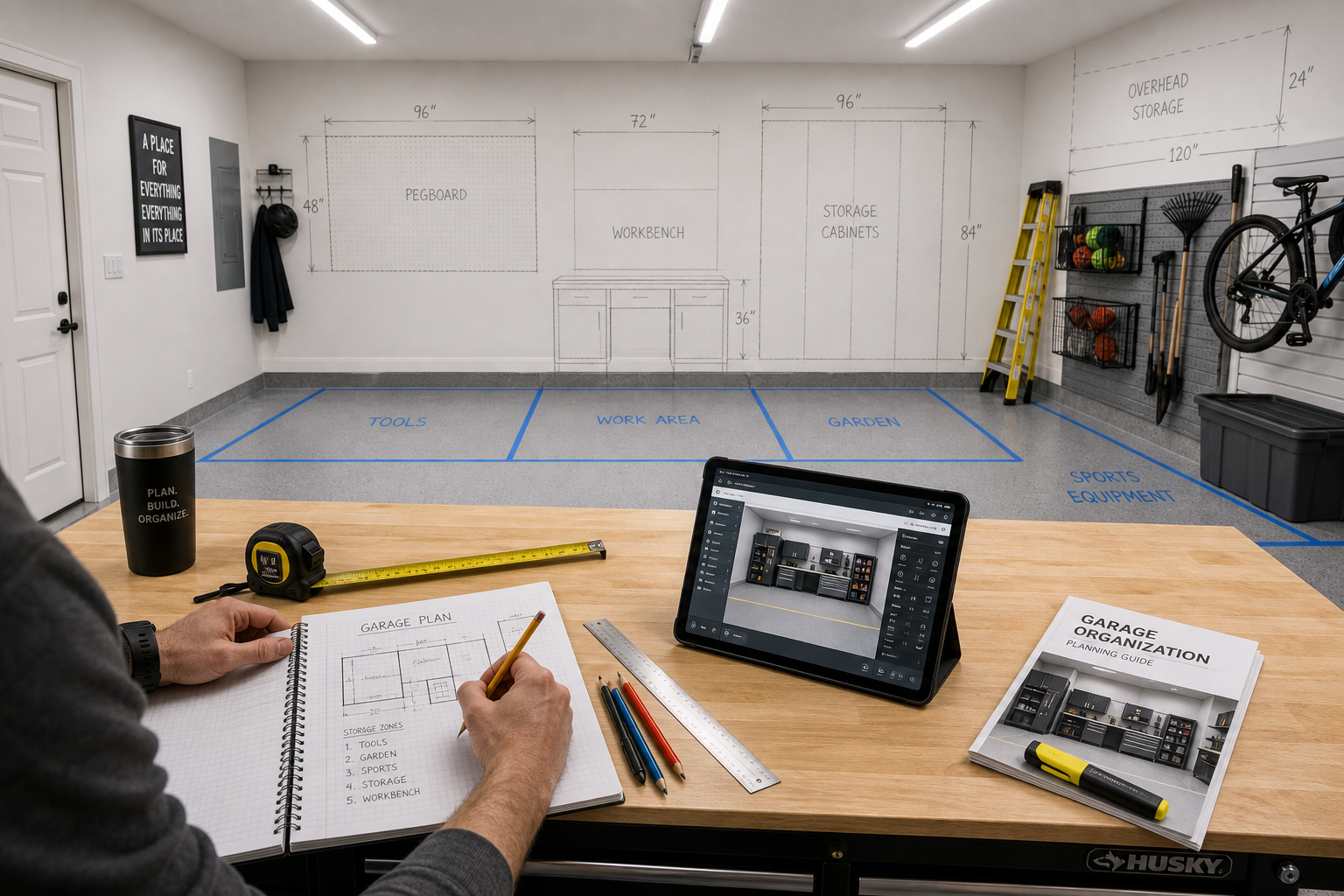 Garage planning workspace with measuring tools, sketches, and marked zones for organization