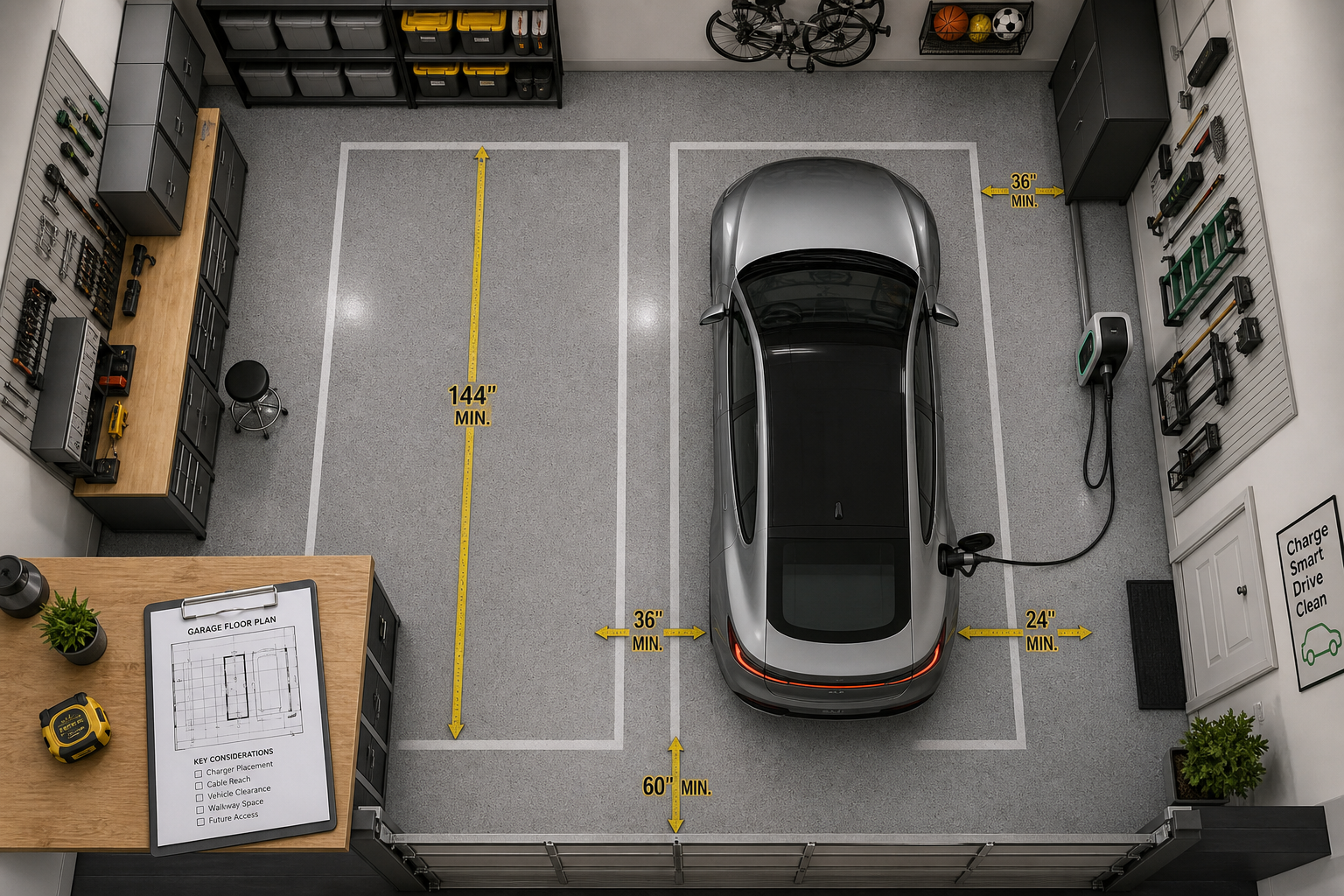 Overhead view of garage layout showing optimal EV charging station placement and spacing considerations