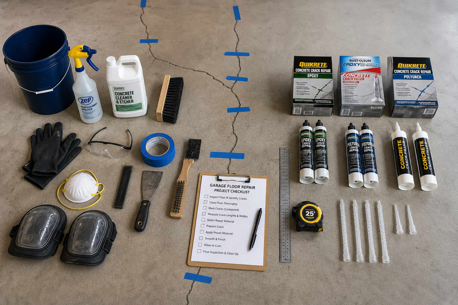 Organized garage floor repair project with materials and planning layout