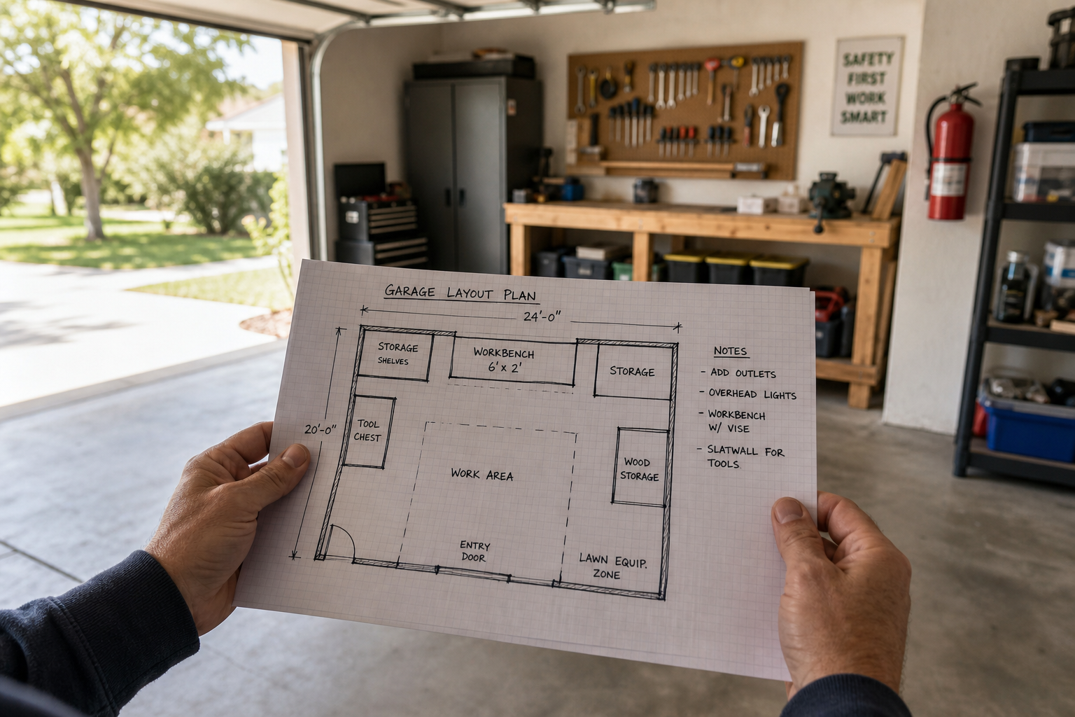 Person planning garage workshop fire safety layout with floor plan sketch