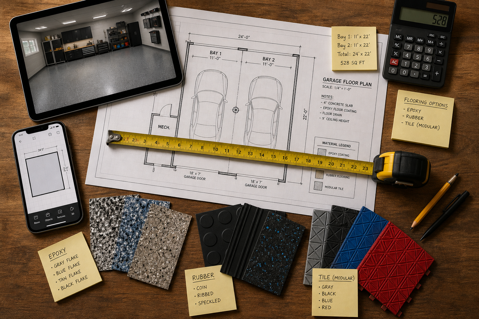 Garage flooring planning materials including blueprints, measurements, and material samples