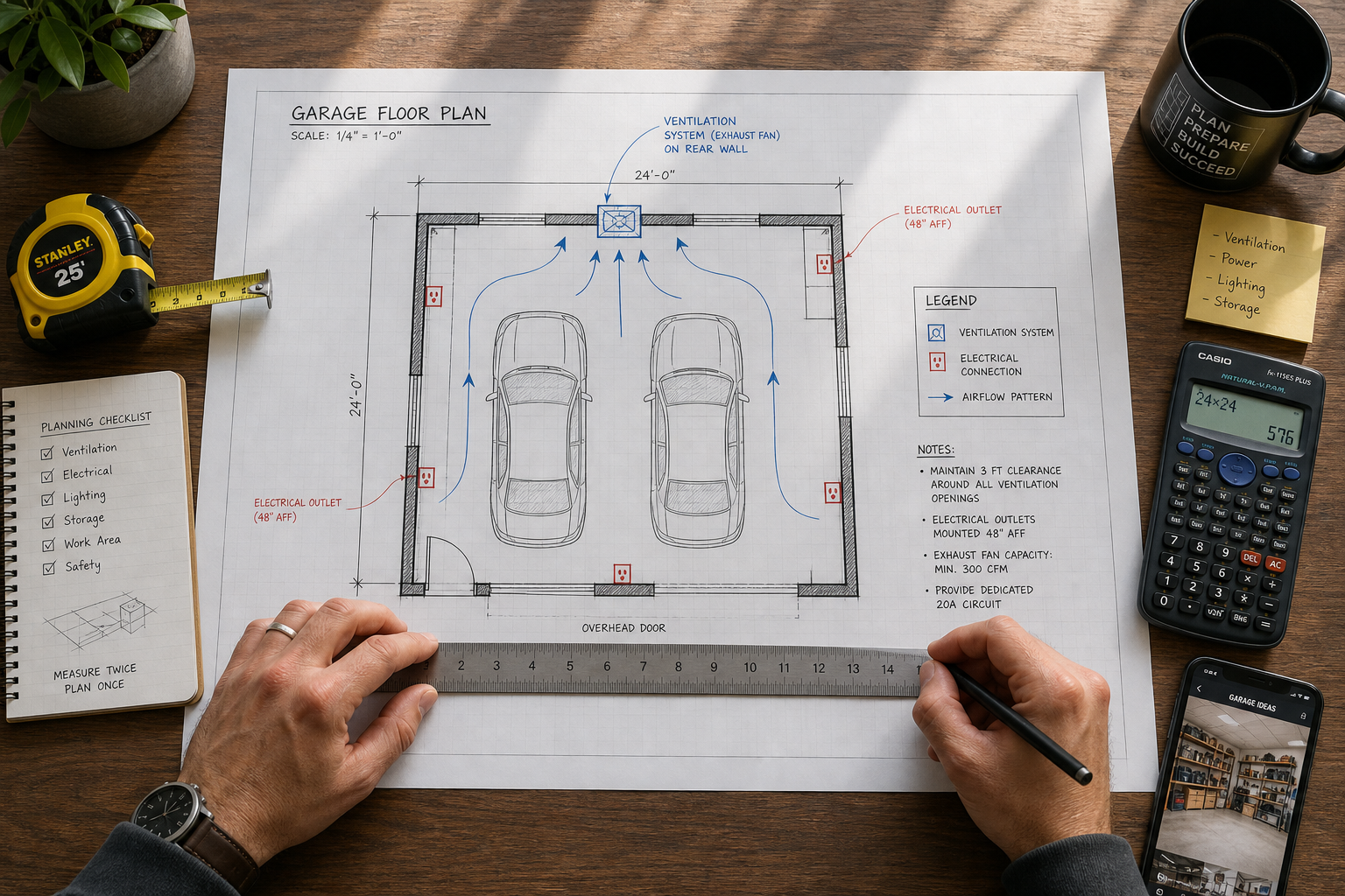 Garage floor plan and measuring tools for ventilation system planning