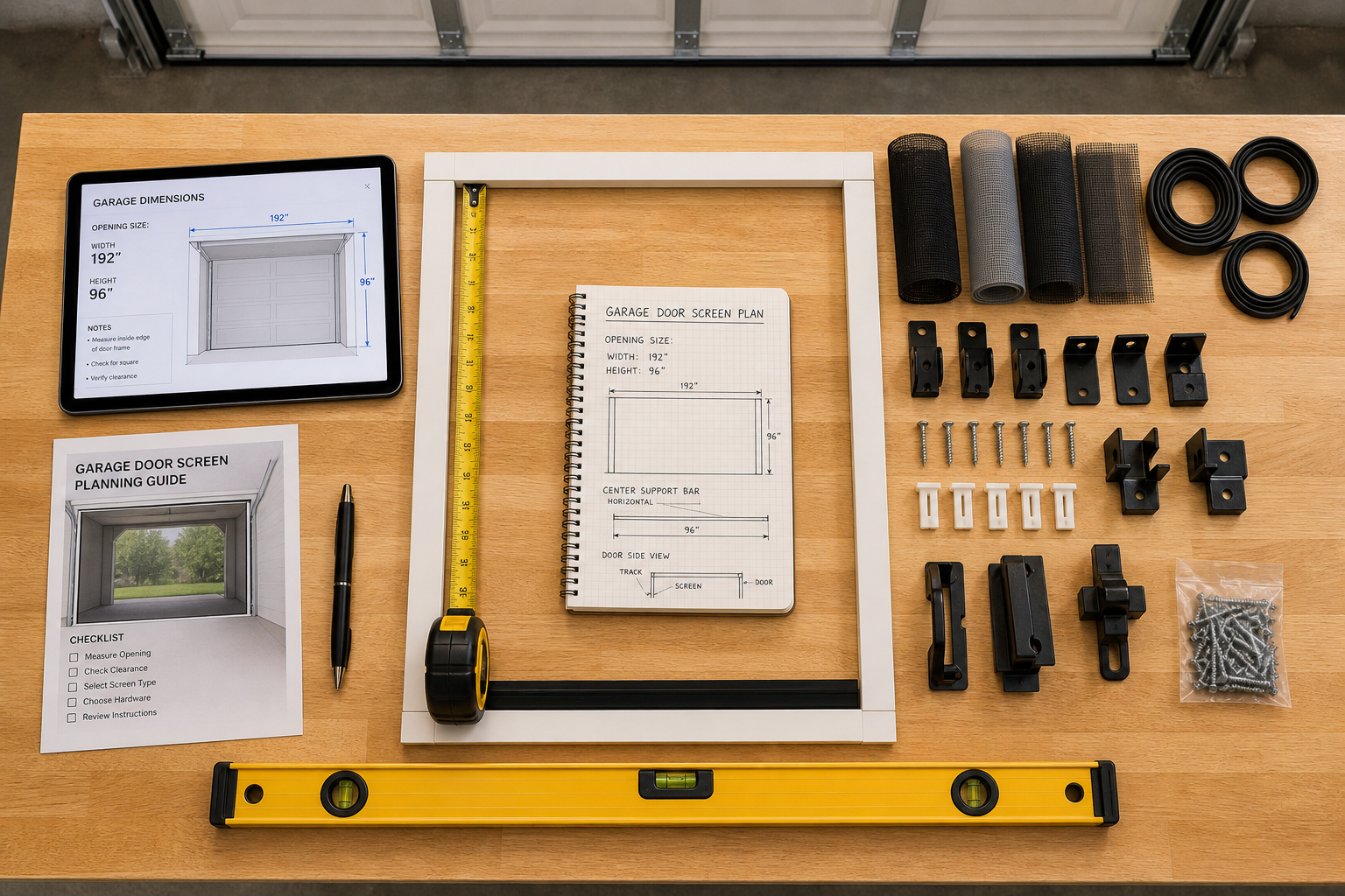 Planning materials and tools for garage door screen installation
