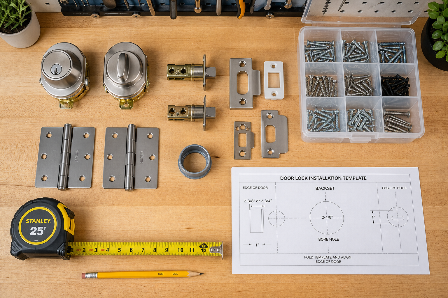 Organized garage workbench with door hardware and planning tools laid out