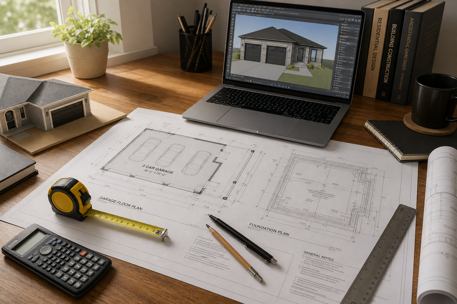 Organized workspace with garage planning blueprints and design tools