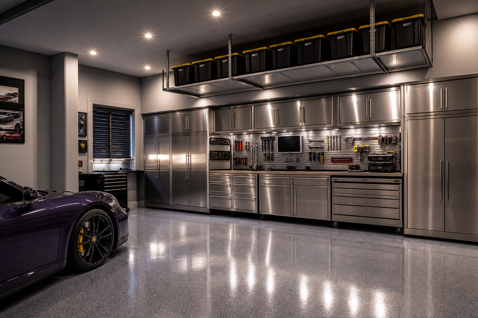 High-end garage storage system with stainless steel cabinets, premium workbench, and professional organization