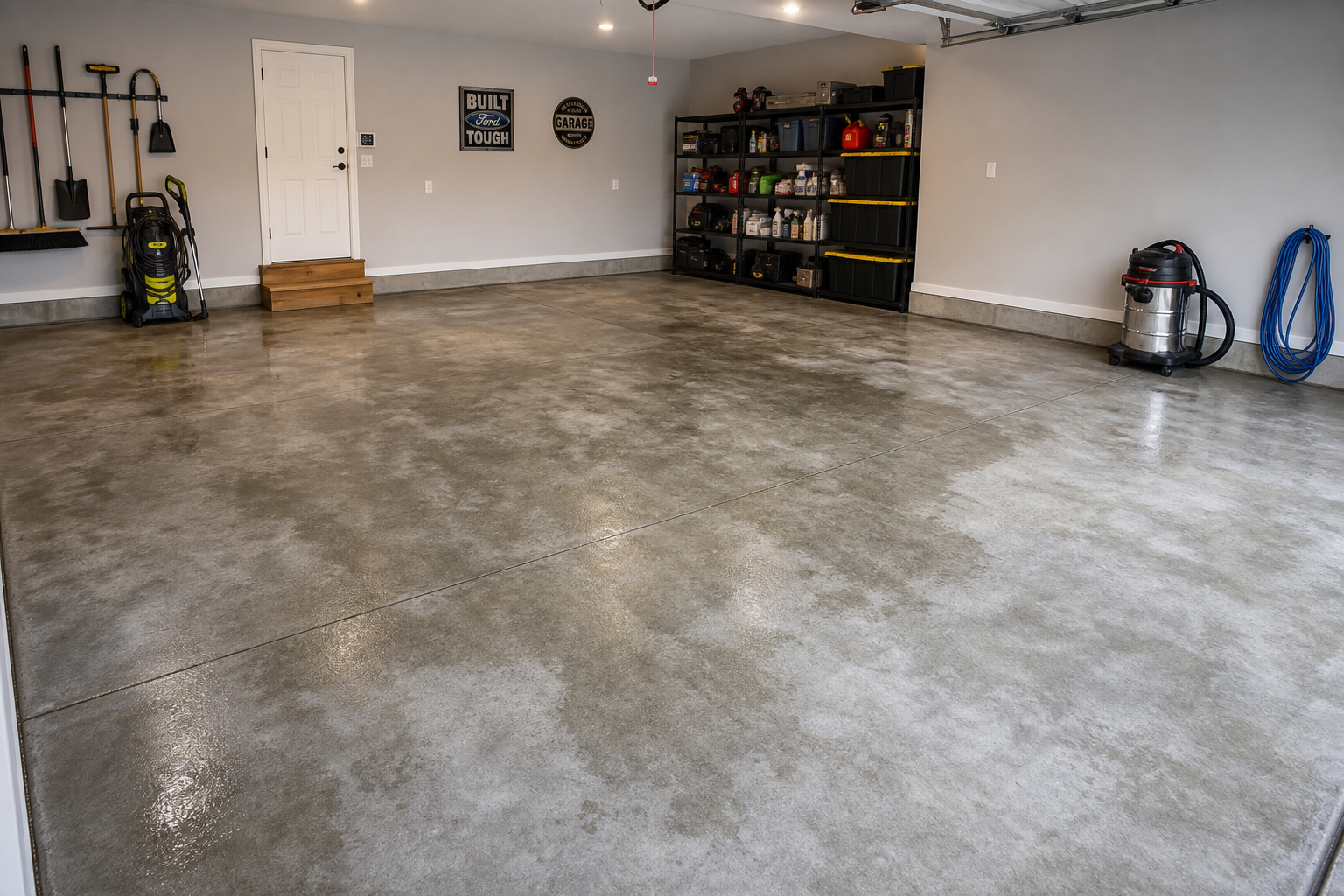 Cleaned concrete garage floor prepared for moisture treatment