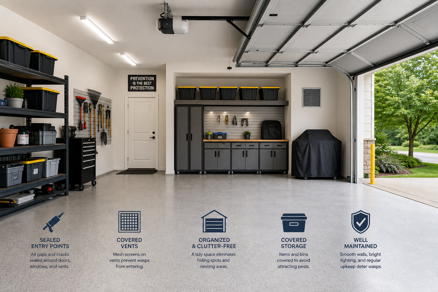 Well-organized garage interior showing preventive measures and sealed entry points to deter wasp nest formation