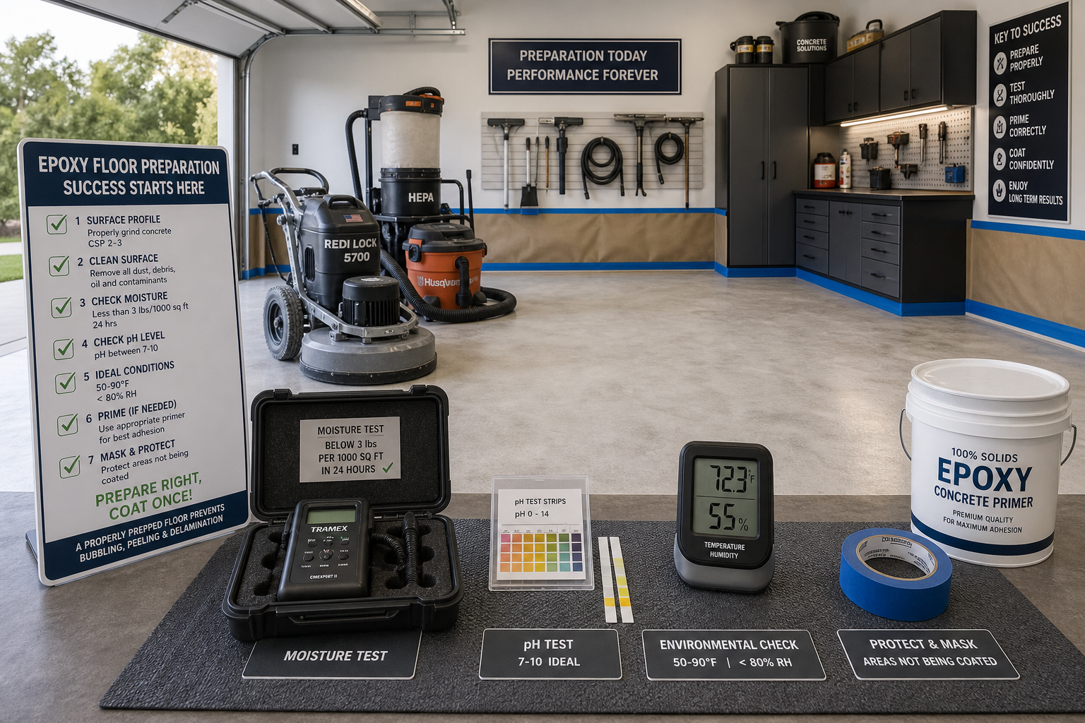 Garage floor preparation tools and equipment for proper epoxy application
