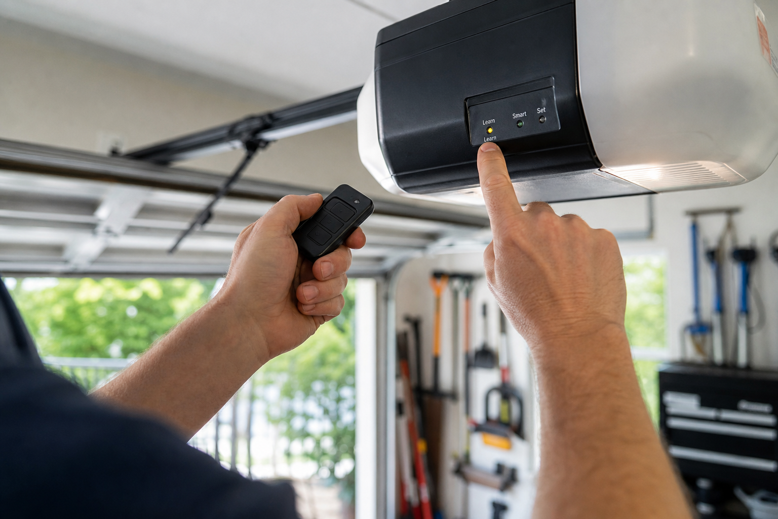 Hands programming garage door remote with opener motor unit