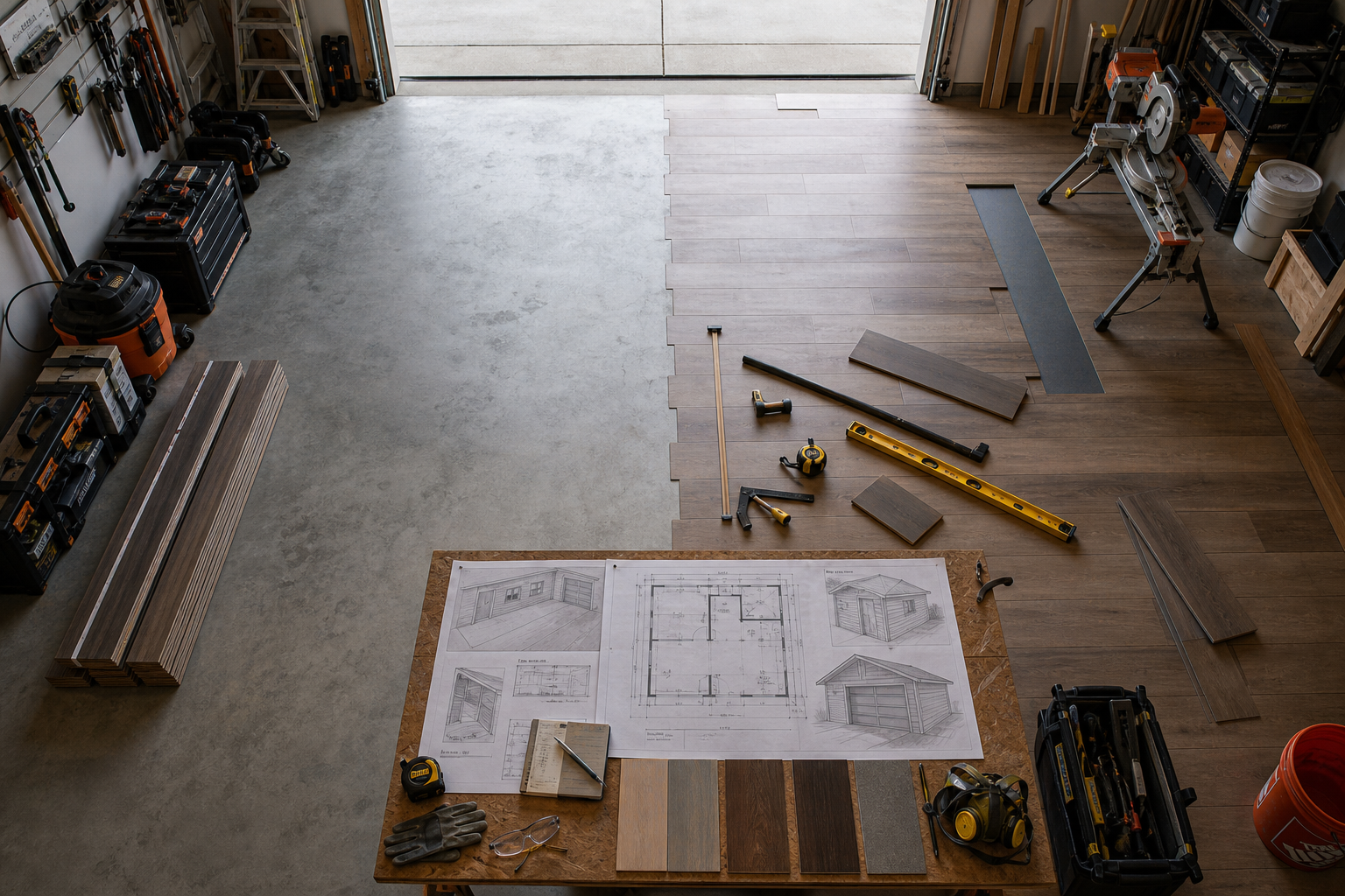 Overhead view of garage renovation project showing planning materials, tools, and flooring installation in progress