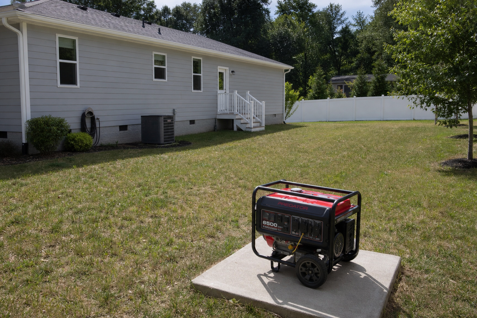 Generator properly positioned outdoors away from house showing safe placement distance