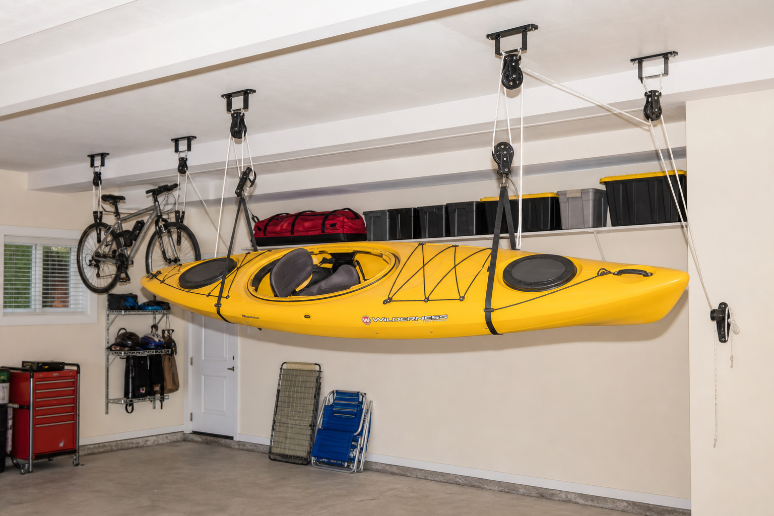 Pulley hoist system suspending kayak and other items from garage ceiling