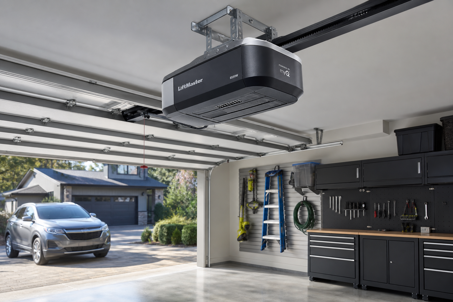 Modern belt-drive garage door opener mounted on garage ceiling