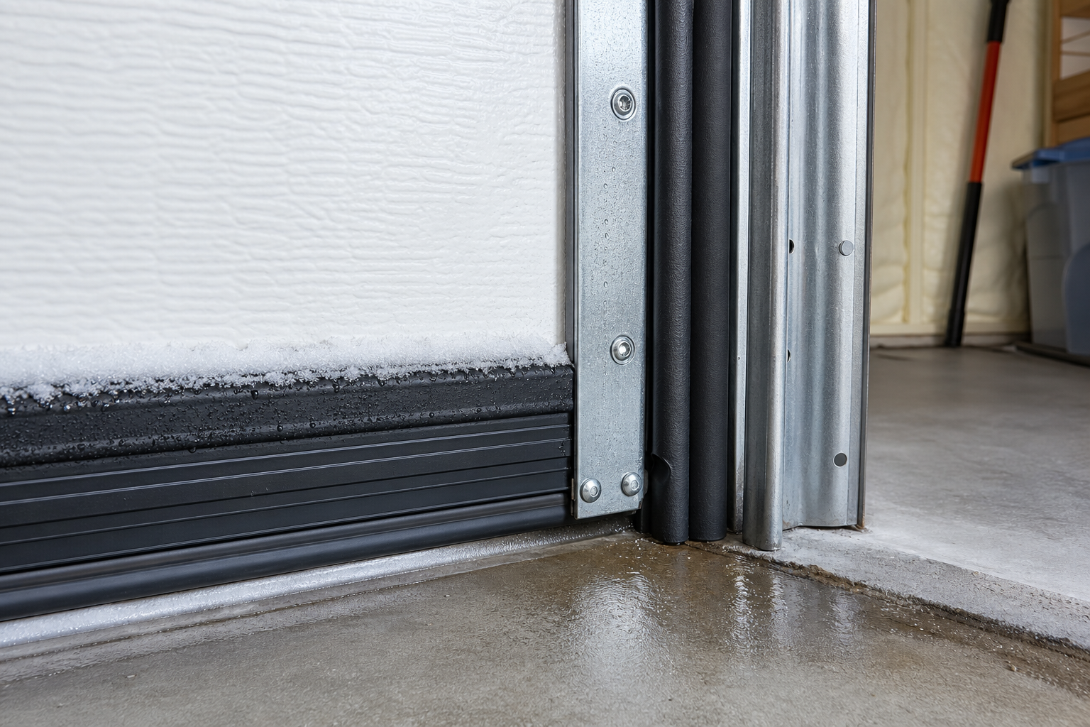 Close-up view of garage door weatherstripping and seals showing energy-efficient installation details