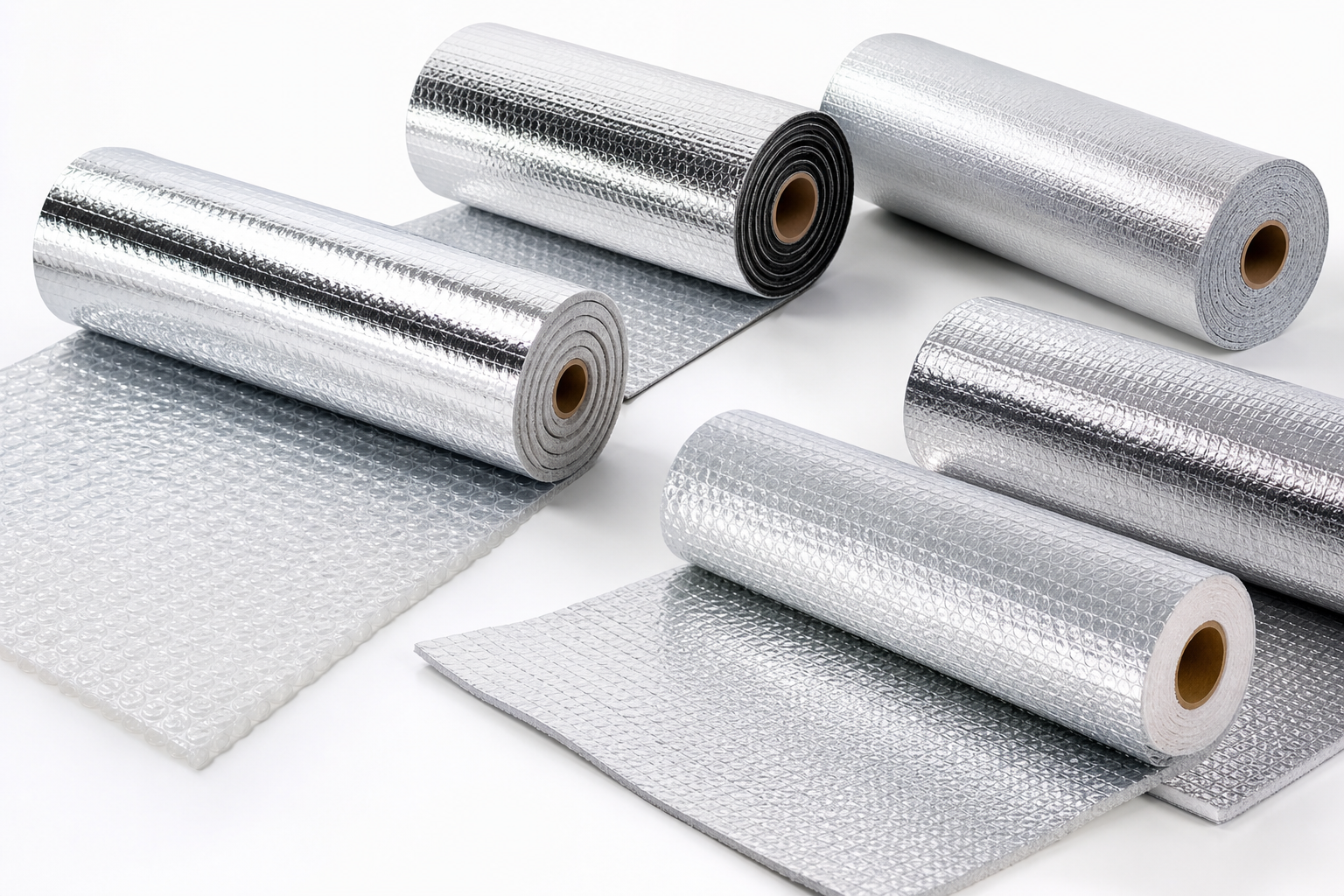 Rolls of reflective radiant barrier insulation materials with aluminum foil surfaces