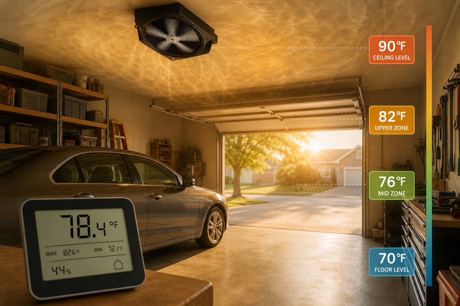 Garage showing realistic temperature differences with exhaust fan operation