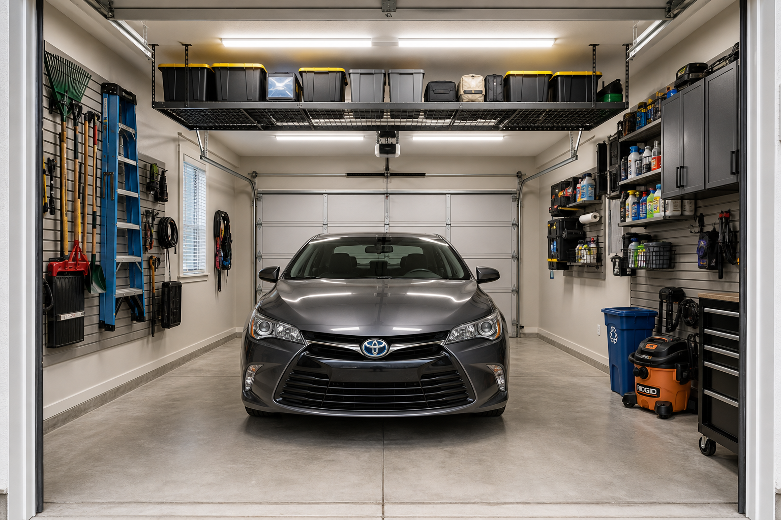 One-car garage with vehicle parked and organized storage that preserves parking space
