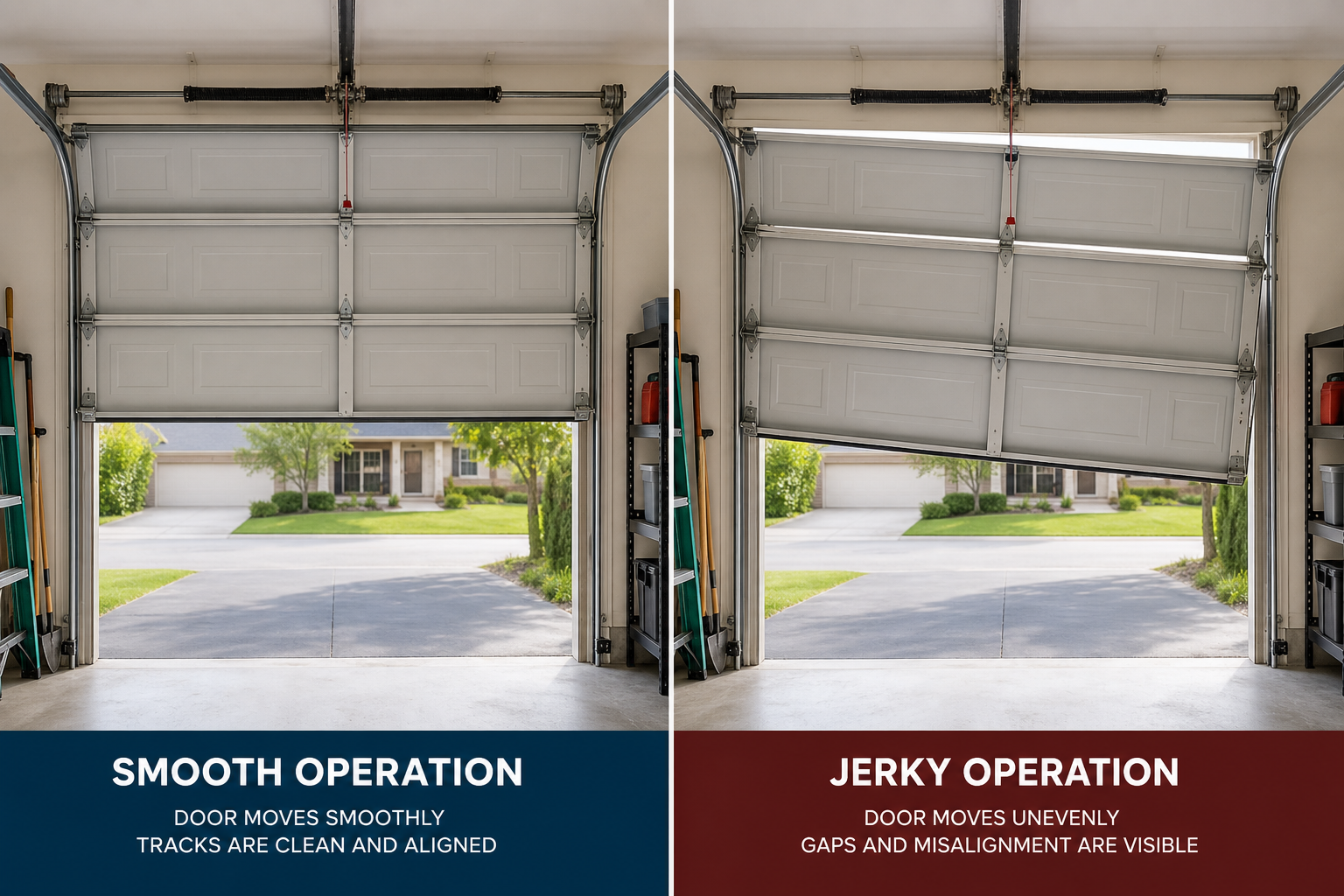 Comparison showing smooth versus jerky garage door operation from homeowner's perspective