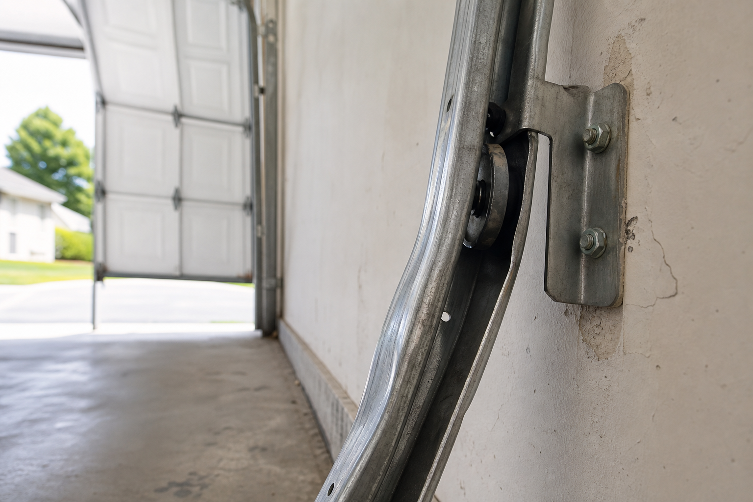 Bent garage door track showing visible misalignment and damage