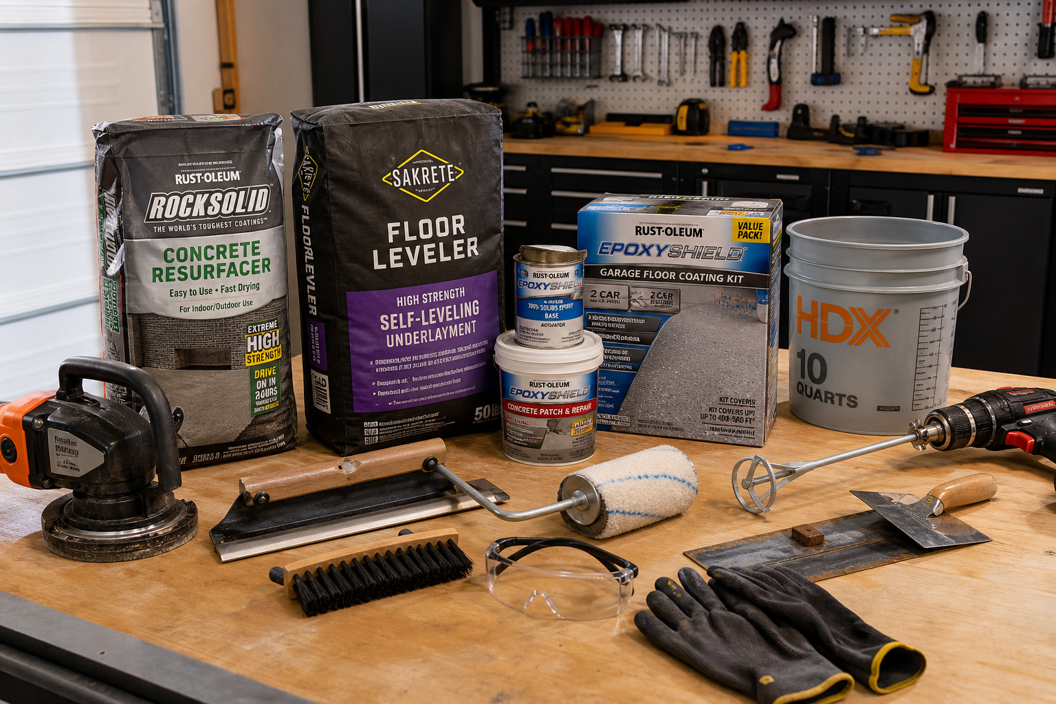 Concrete repair tools and materials organized for garage floor restoration