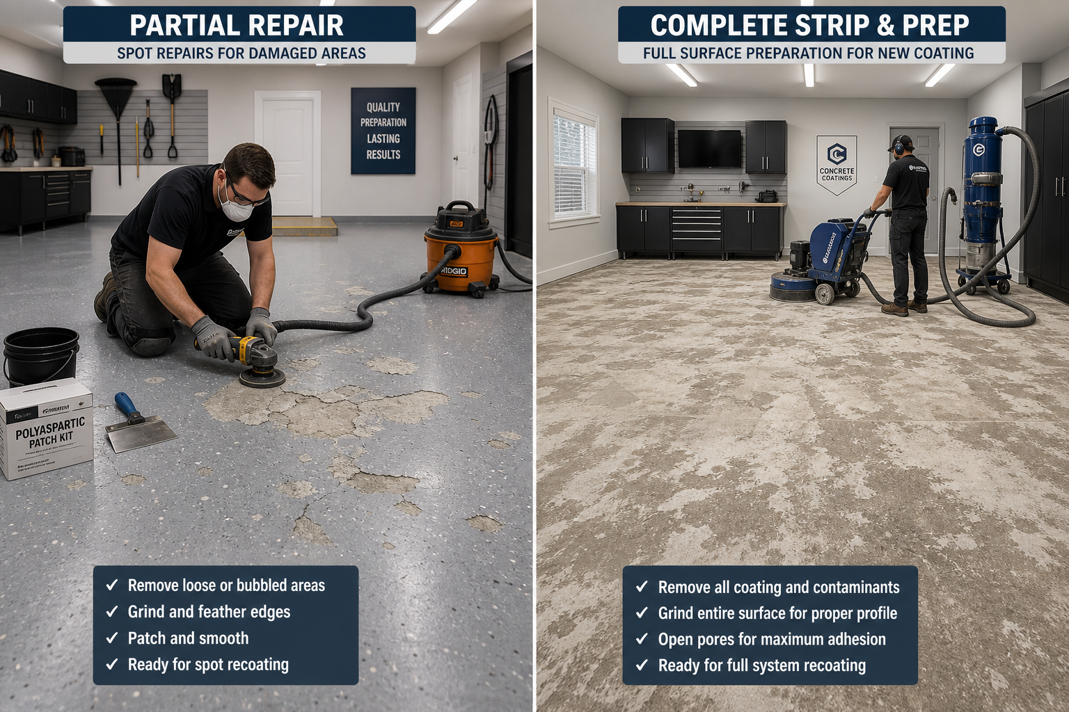 Split comparison showing partial repair versus complete epoxy floor refinishing approaches