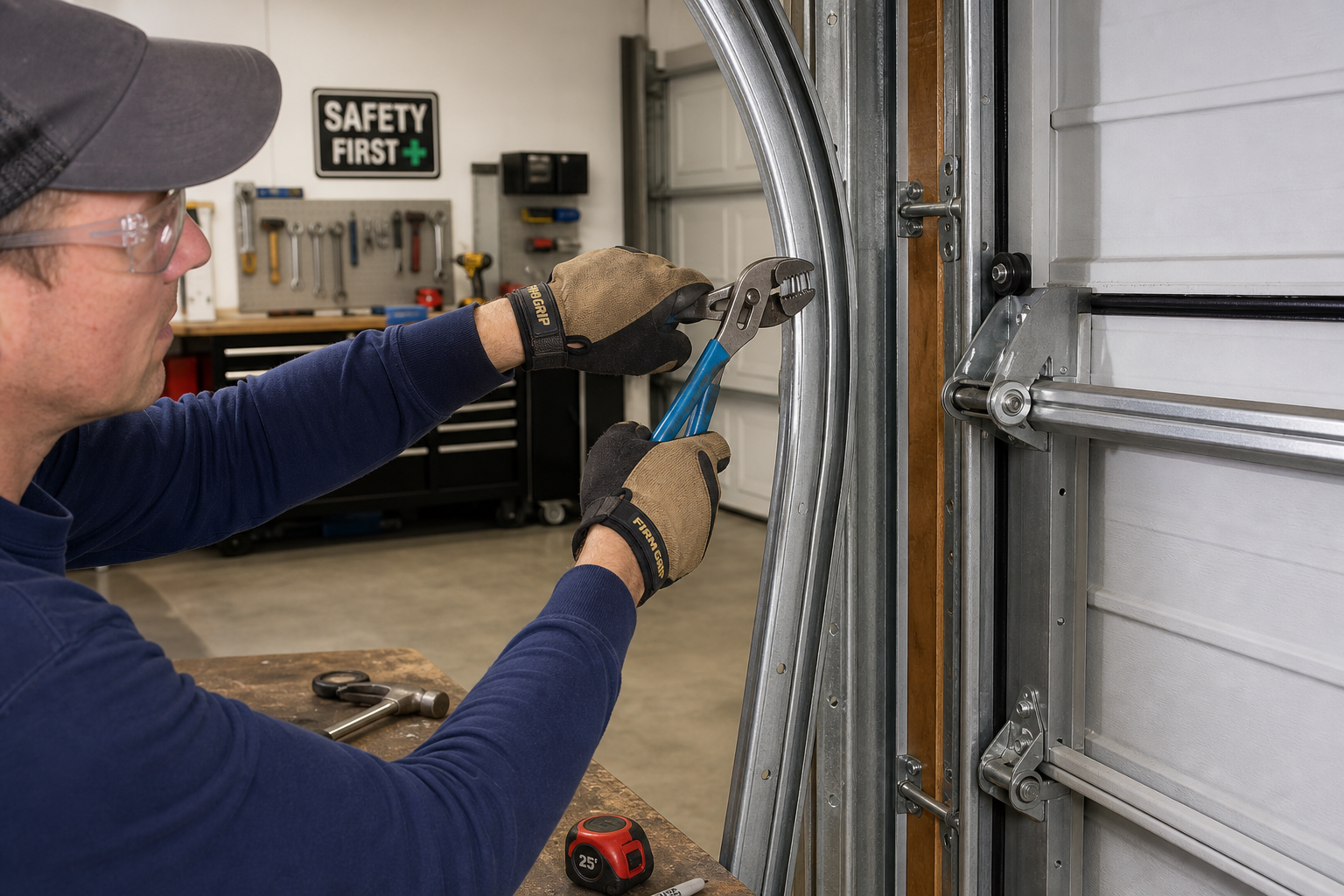 Hands using pliers to repair a bent garage door track