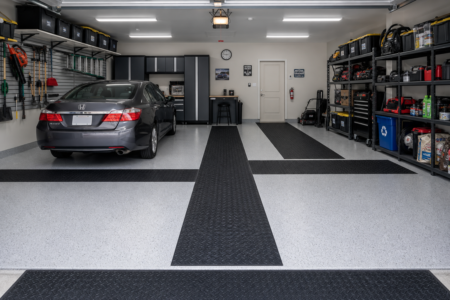 Garage floor with black traction strips installed for slip prevention