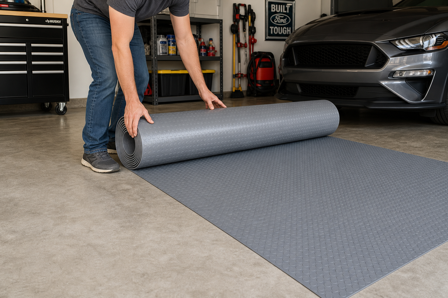 Person unrolling a gray PVC mat on a garage floor