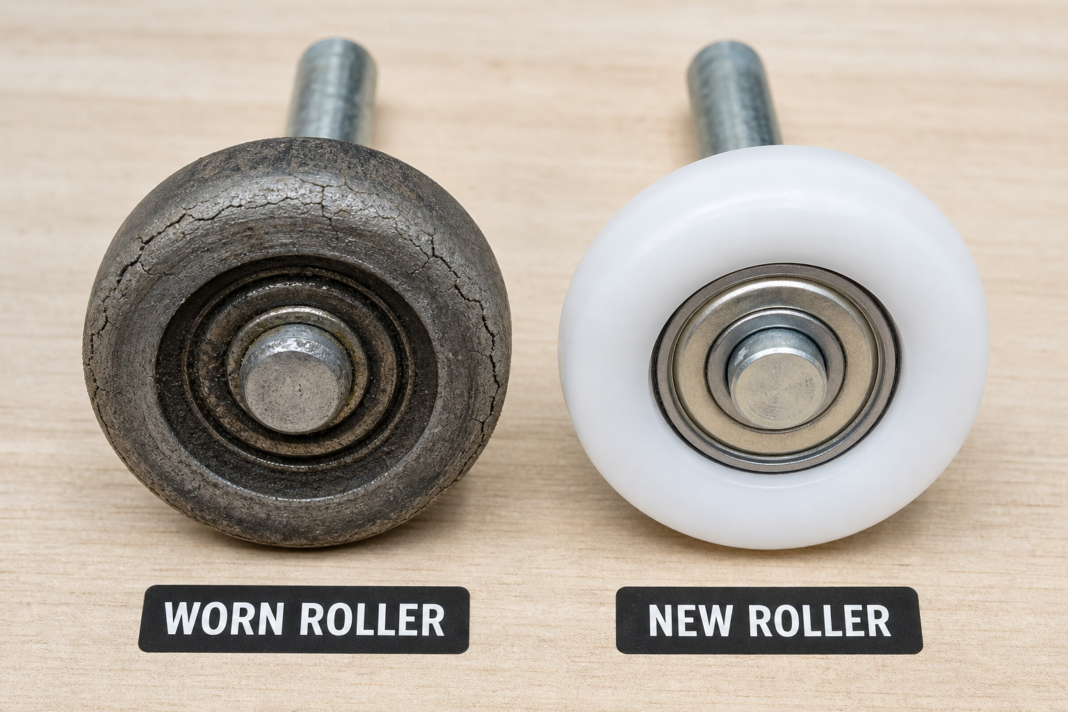 Comparison of worn and new garage door rollers showing replacement needs
