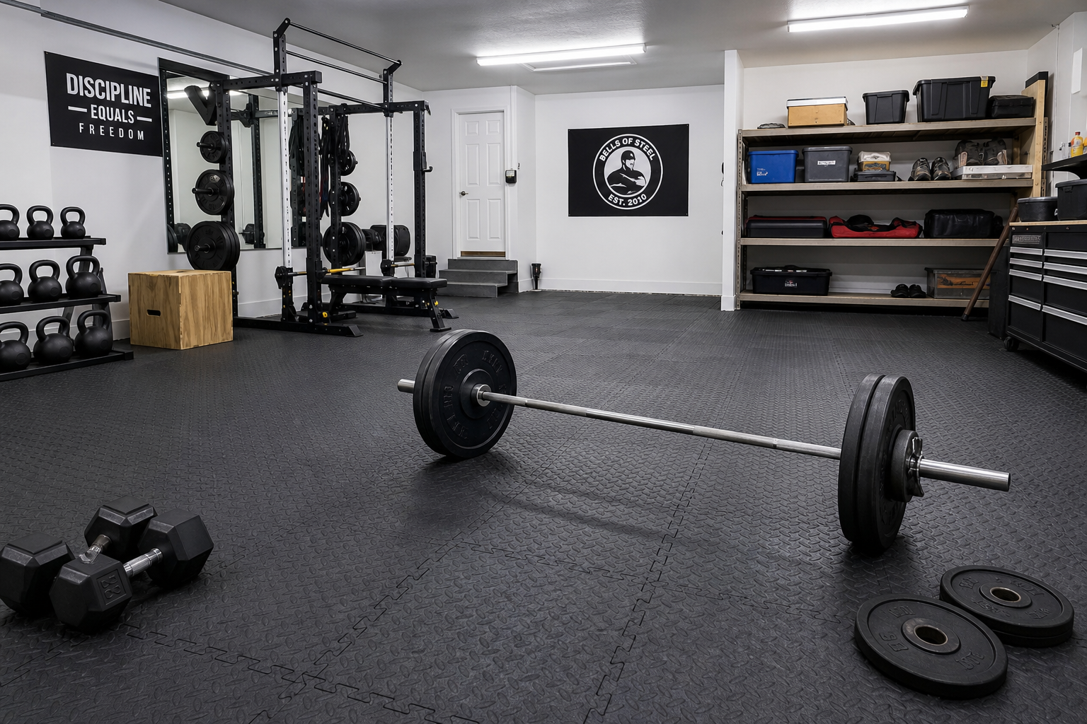 Garage gym with black rubber interlocking floor tiles and exercise equipment