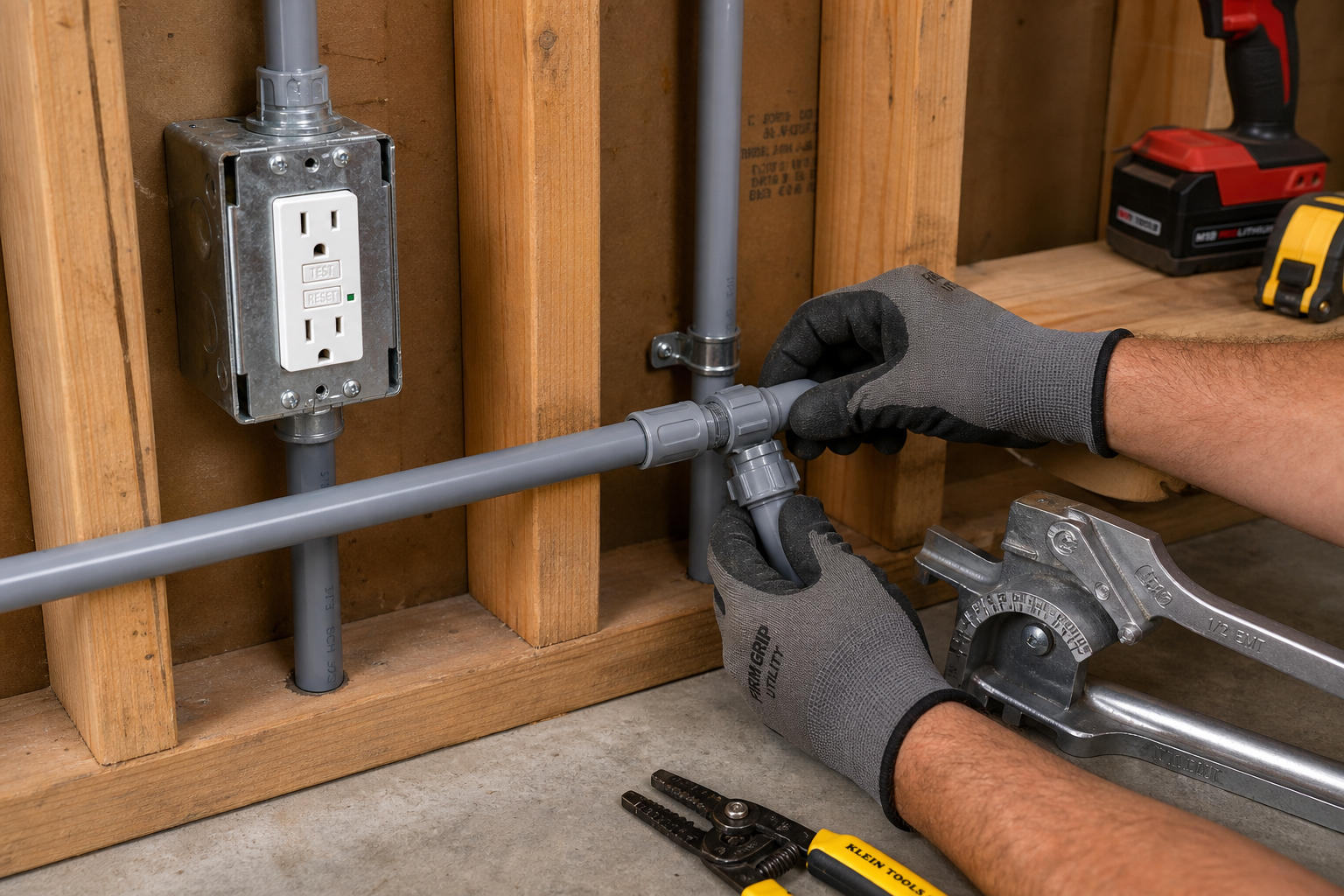 Electrical conduit and GFCI outlet installation in progress on garage wall