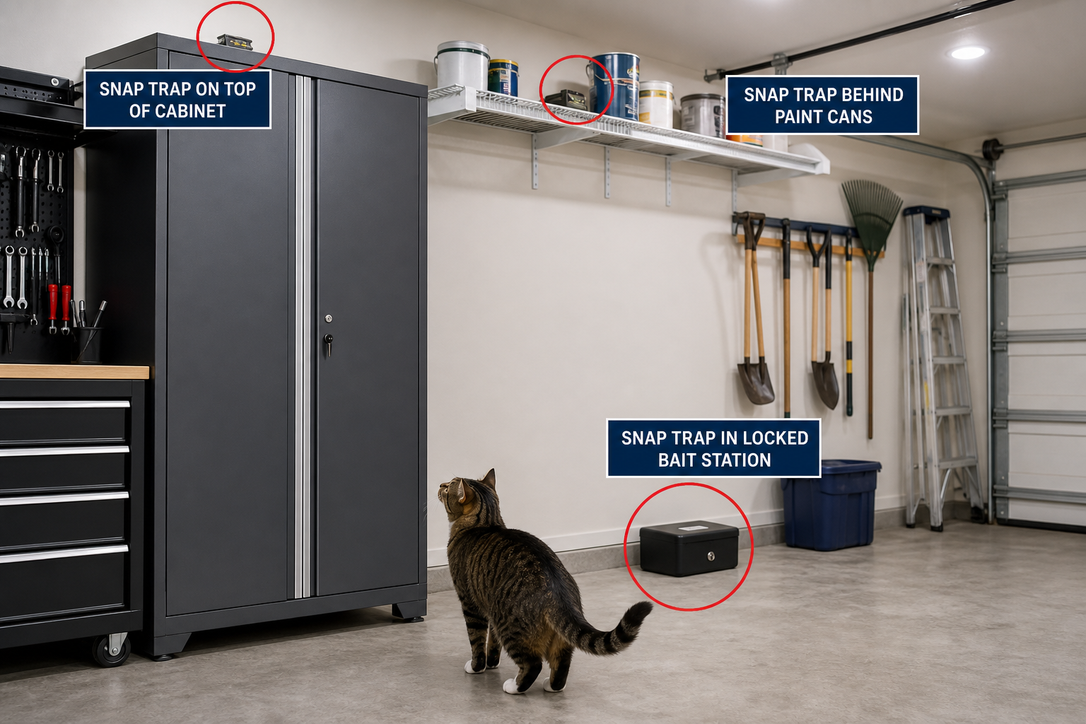 Garage interior showing pest traps placed in high, pet-safe locations with a cat below