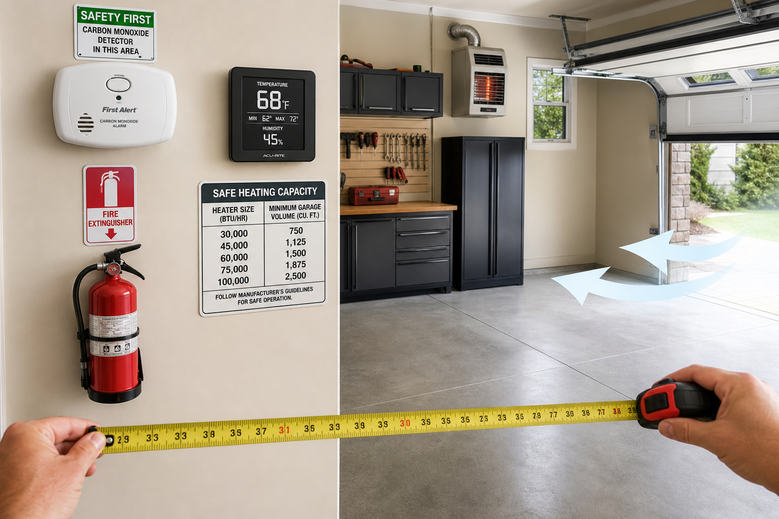 Garage safety equipment including carbon monoxide detector, fire extinguisher, and measuring tools for proper heater sizing