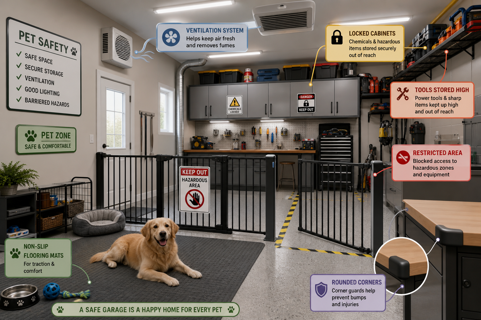 Pet-safe garage area with safety gates, secured storage, and protective barriers