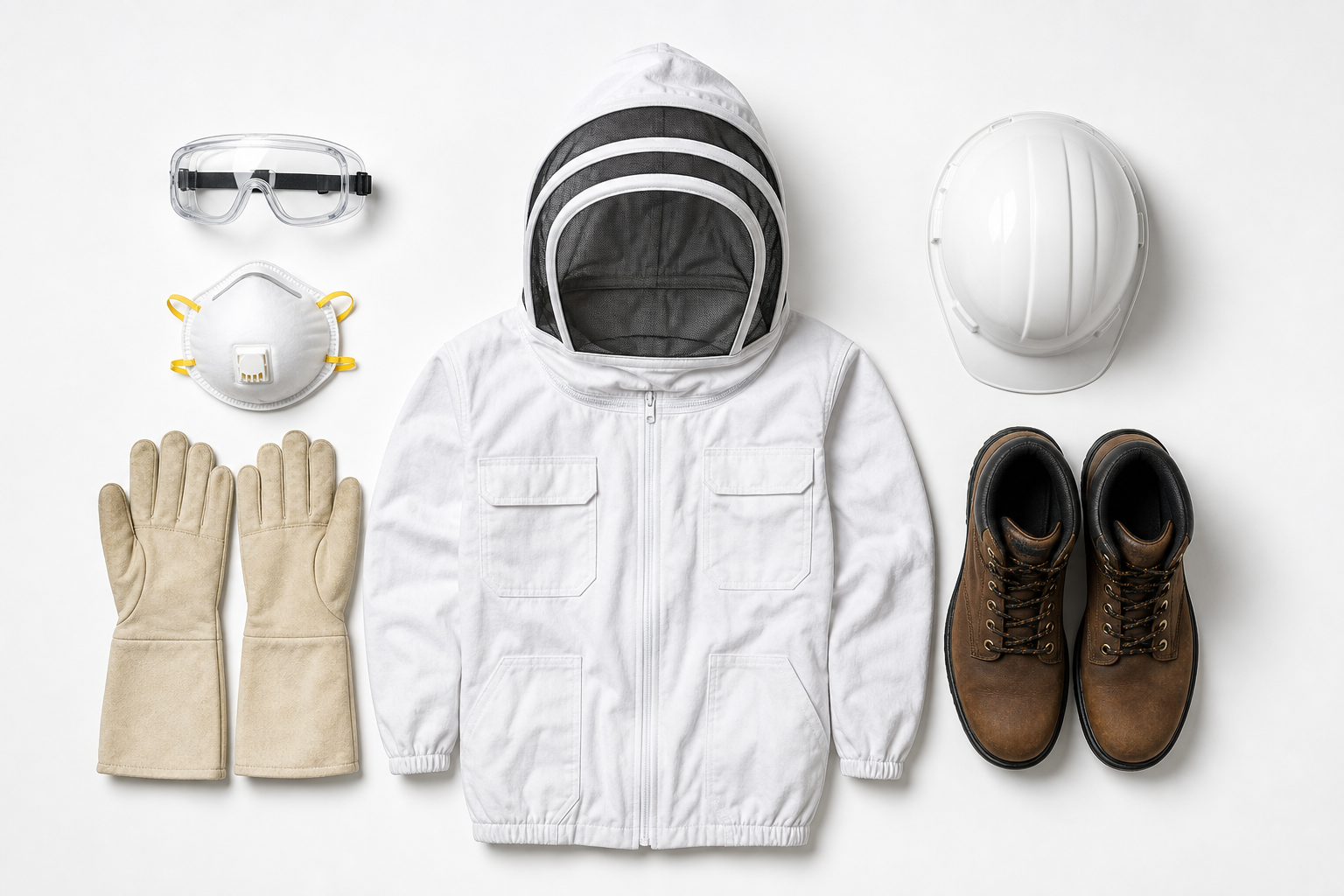 Essential safety equipment laid out for wasp nest removal including protective suit, gloves, and safety gear