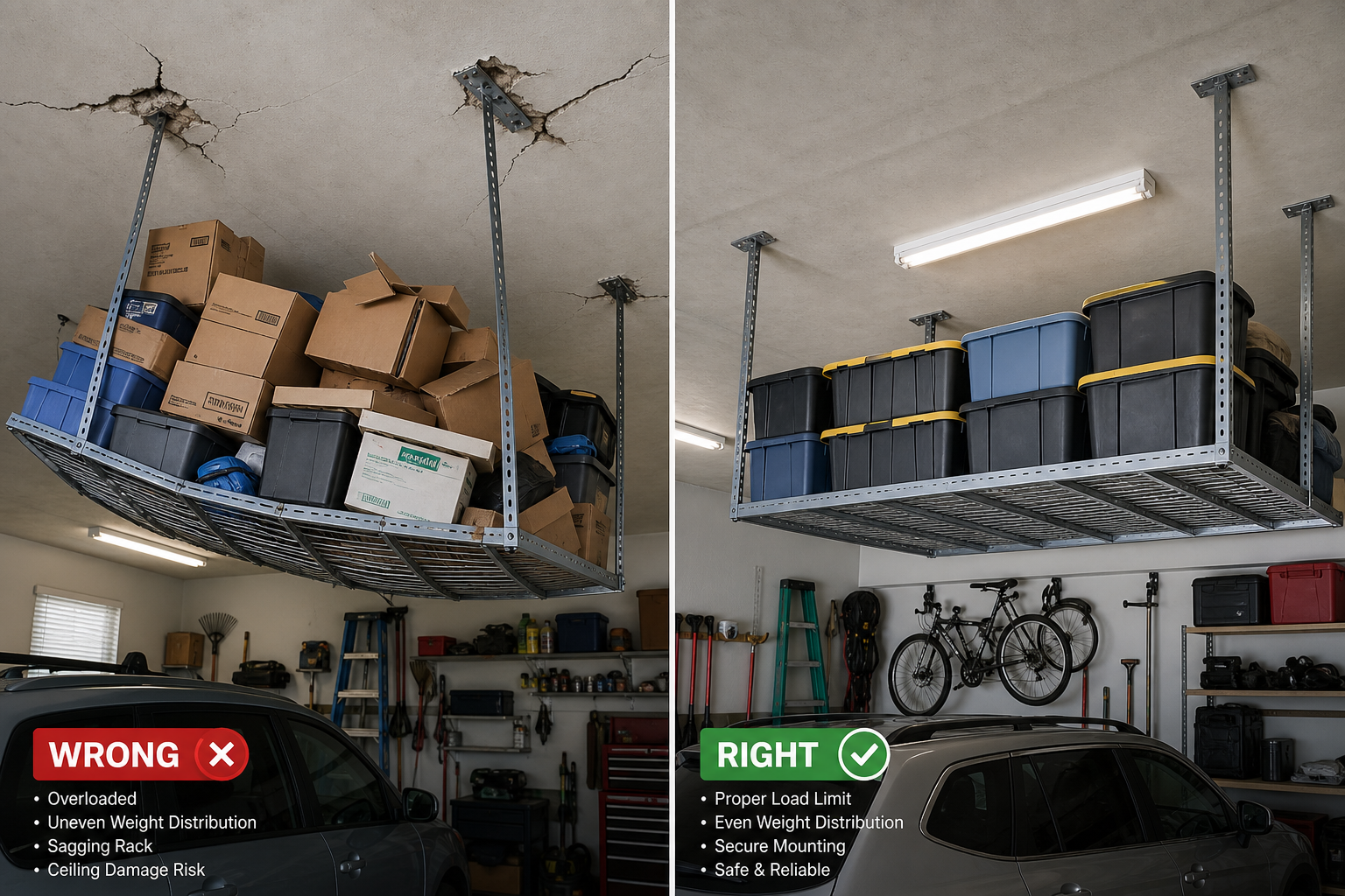 Comparison of overloaded vs properly loaded ceiling storage racks in garage