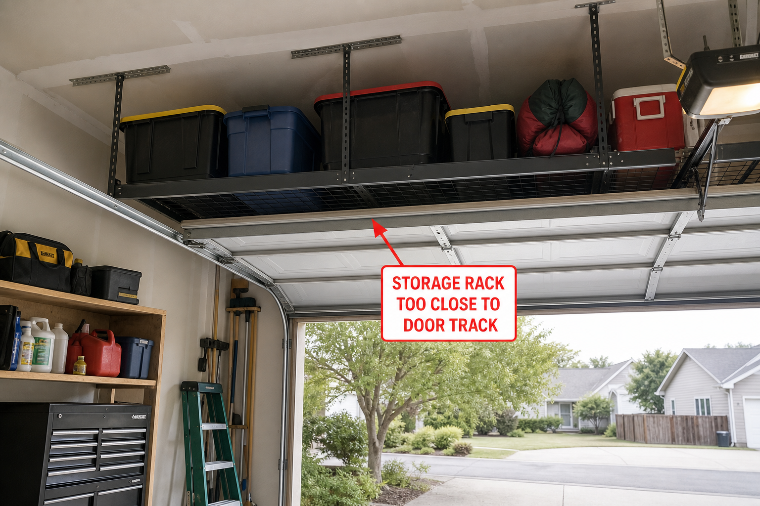 Ceiling storage rack incorrectly positioned blocking garage door travel path