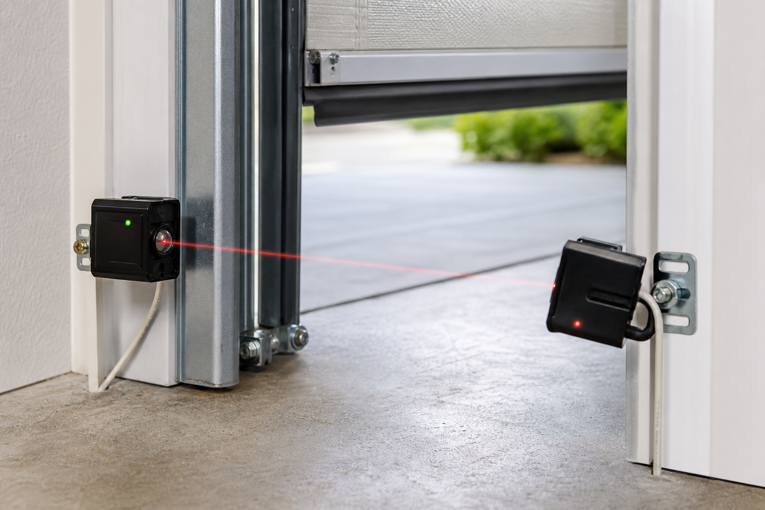 Garage door safety sensors showing proper and improper alignment